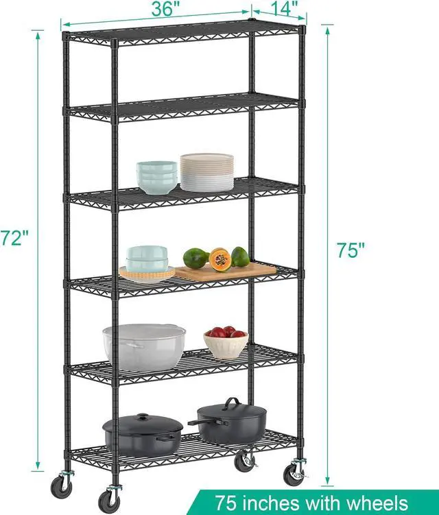 Alt view image 3 of 7 - Folews 6-Tier Metal Storage Shelf with Wheels NSF Wire Shelving Unit, Black