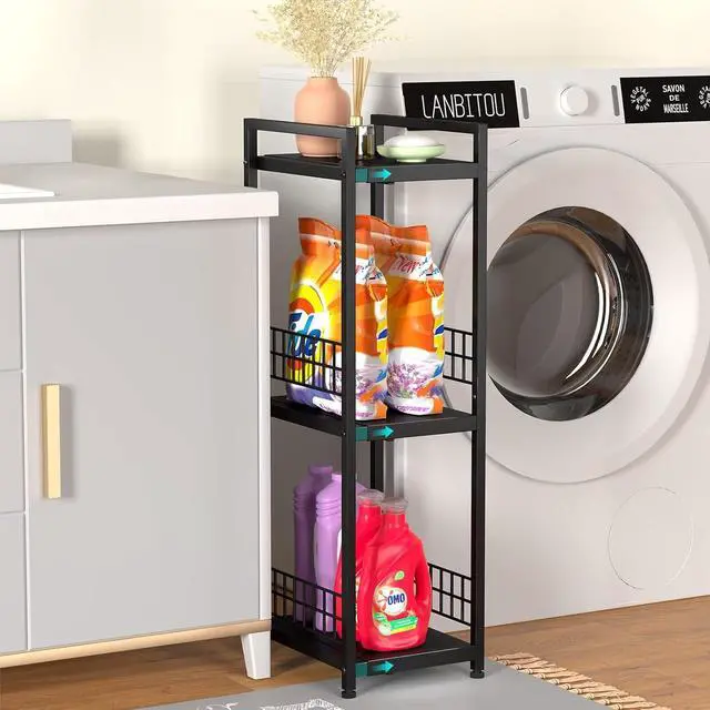 Alt view image 2 of 6 - DAOUTIME 3-Tier Metal Shelving Unit, Expandable, Free-Standing, Narrow, Open Floor Shelves, Ideal for Bathroom, Kitchen, Laundry, Storage, Organization
