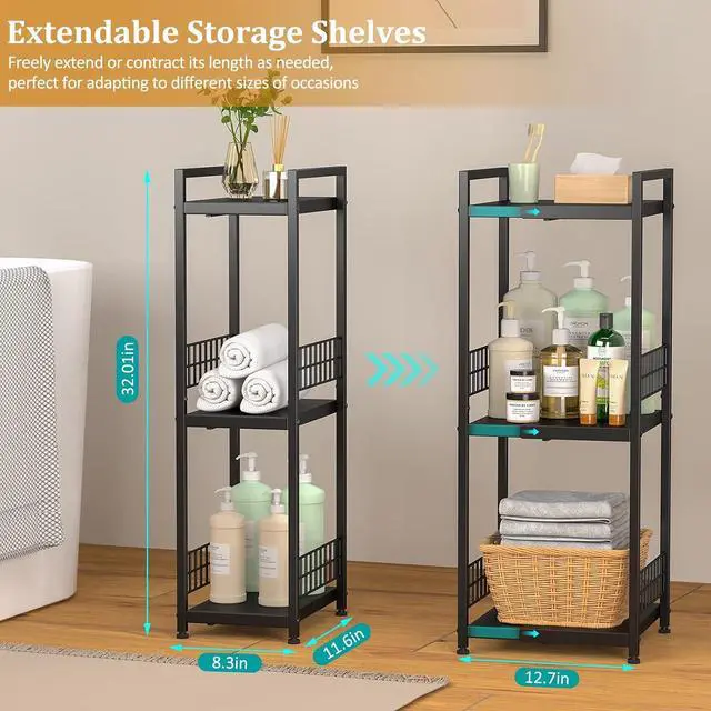 Alt view image 3 of 6 - DAOUTIME 3-Tier Metal Shelving Unit, Expandable, Free-Standing, Narrow, Open Floor Shelves, Ideal for Bathroom, Kitchen, Laundry, Storage, Organization