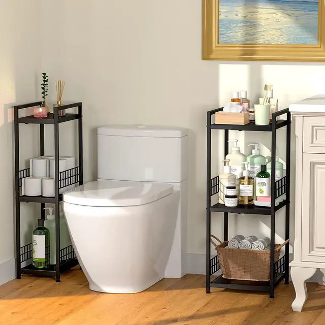 Alt view image 5 of 6 - DAOUTIME 3-Tier Metal Shelving Unit, Expandable, Free-Standing, Narrow, Open Floor Shelves, Ideal for Bathroom, Kitchen, Laundry, Storage, Organization