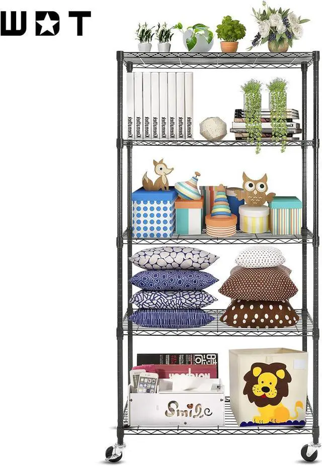 Alt view image 3 of 7 - WDT 5-Shelf Shelving Units on Wheels Casters, Adjustable Heavy Duty Metal Shelf Wire Storage Rack for Home Office Garage Kitchen Bathroom Organization(16Wx36Dx75H), Black