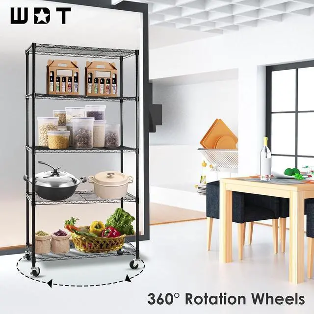 Alt view image 4 of 7 - WDT 5-Shelf Shelving Units on Wheels Casters, Adjustable Heavy Duty Metal Shelf Wire Storage Rack for Home Office Garage Kitchen Bathroom Organization(16Wx36Dx75H), Black
