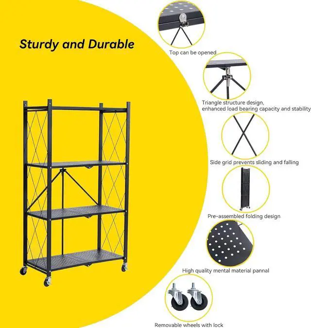 Alt view image 4 of 6 - BRIAN & DANY 4-Tier Foldable Storage Shelves with Wheels, Folding Metal Rack Shelving Unit, Heavy Duty No Assembly Organizer Shelf for Garage, Kitchen, Basement, Pantry, Black