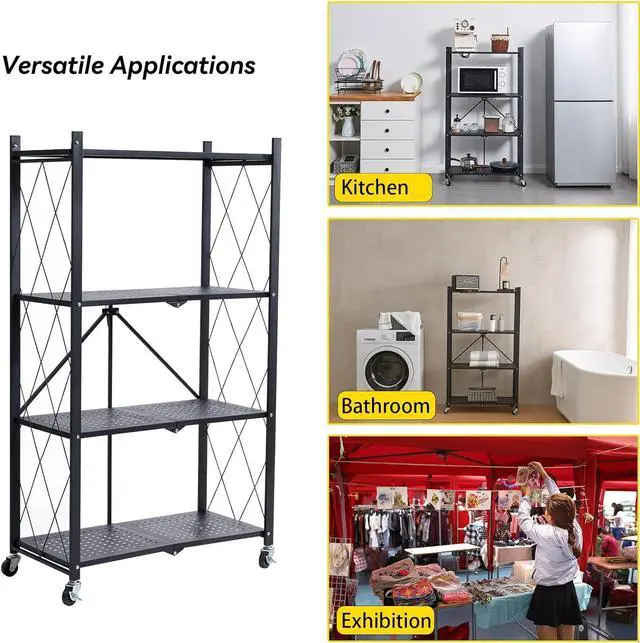 Alt view image 6 of 6 - BRIAN & DANY 4-Tier Foldable Storage Shelves with Wheels, Folding Metal Rack Shelving Unit, Heavy Duty No Assembly Organizer Shelf for Garage, Kitchen, Basement, Pantry, Black