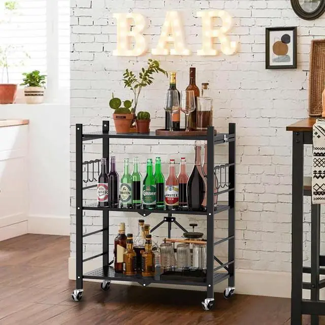 Alt view image 2 of 7 - Himix 3 Tier Foldable Storage Shelf with Wheels 6 Hooks No Assembly Black