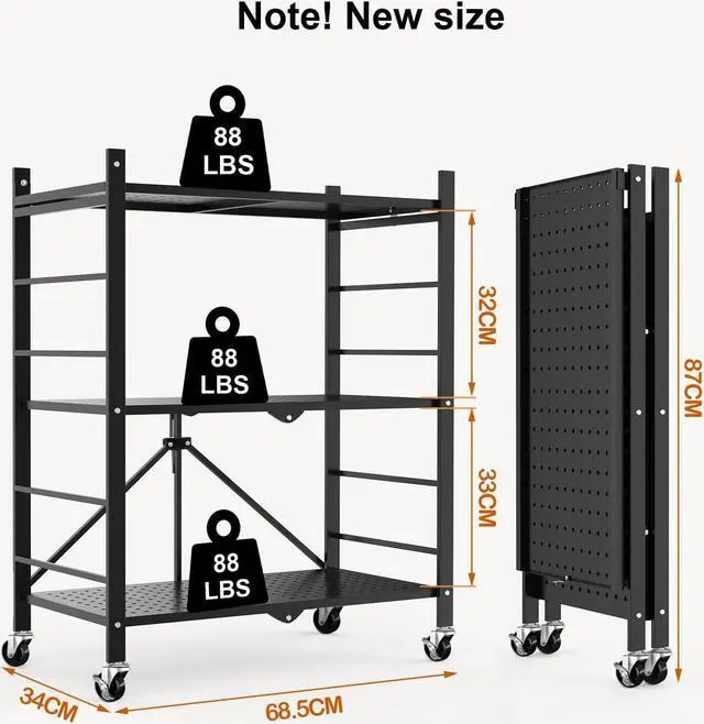 Alt view image 3 of 7 - Himix 3 Tier Foldable Storage Shelf with Wheels 6 Hooks No Assembly Black
