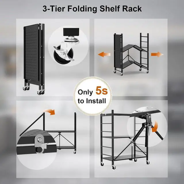 Alt view image 5 of 7 - Himix 3 Tier Foldable Storage Shelf with Wheels 6 Hooks No Assembly Black