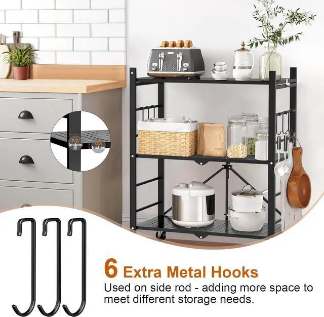 Alt view image 6 of 7 - Himix 3 Tier Foldable Storage Shelf with Wheels 6 Hooks No Assembly Black