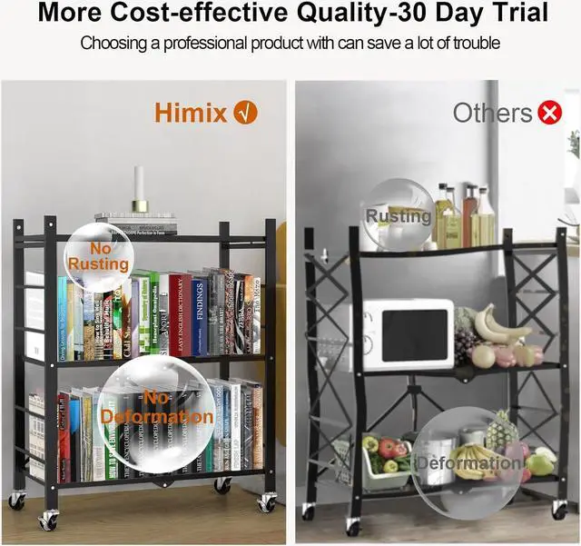 Alt view image 7 of 7 - Himix 3 Tier Foldable Storage Shelf with Wheels 6 Hooks No Assembly Black