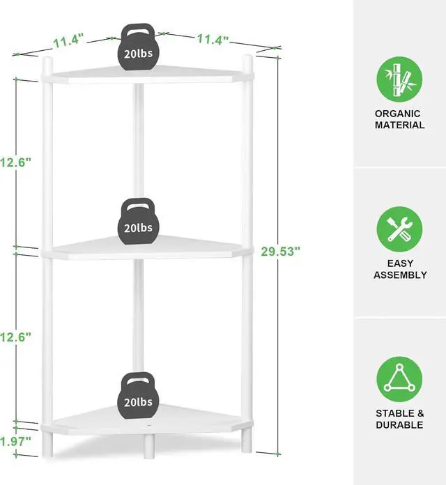 Alt view image 2 of 7 - Wisuce White Small Corner Shelf Stand, 3-Tier Bamboo Corner Bookshelf