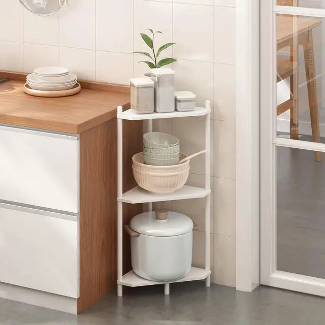 Alt view image 3 of 7 - Wisuce White Small Corner Shelf Stand, 3-Tier Bamboo Corner Bookshelf