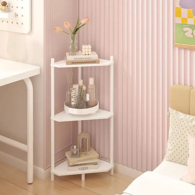 Alt view image 5 of 7 - Wisuce White Small Corner Shelf Stand, 3-Tier Bamboo Corner Bookshelf