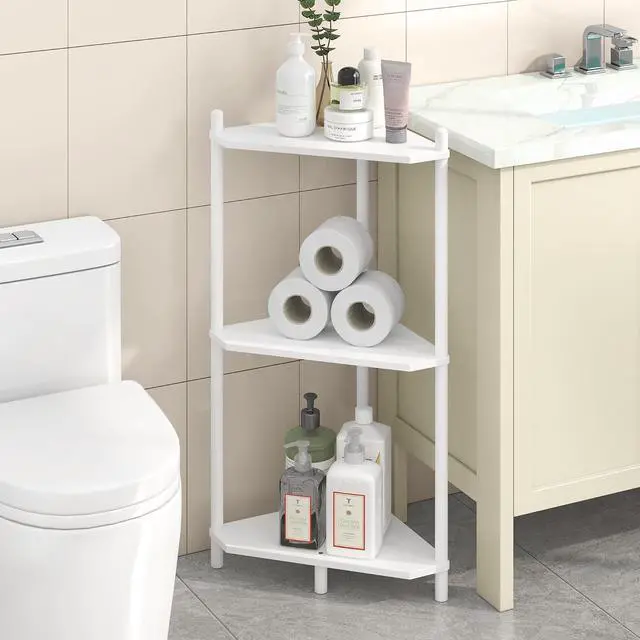 Alt view image 6 of 7 - Wisuce White Small Corner Shelf Stand, 3-Tier Bamboo Corner Bookshelf
