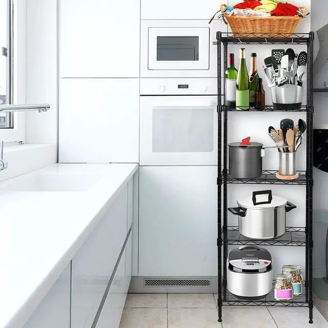 Alt view image 2 of 7 - SUNLPH 5-Tier Wire Shelving Adjustable Shelves Unit Metal Storage Rack for Laundry Bathroom Kitchen Pantry Closet Organization (Black, 16.6" L x 11.4" W x 49.1" H)
