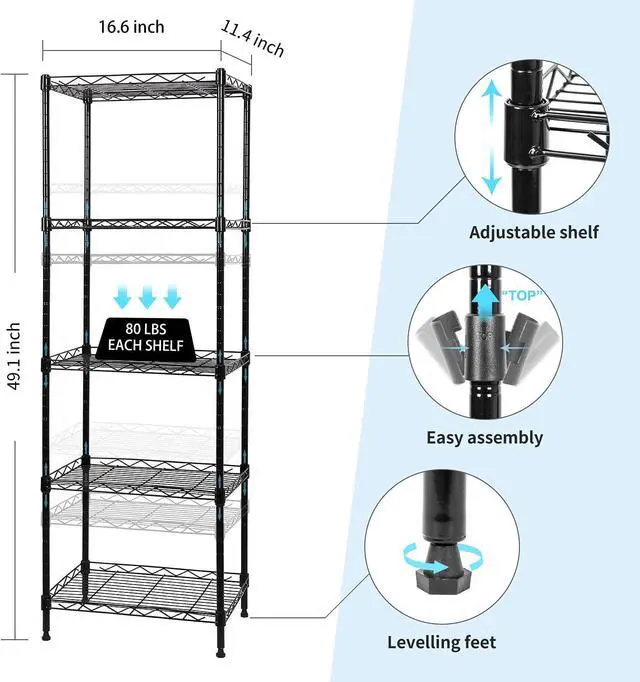 Alt view image 3 of 7 - SUNLPH 5-Tier Wire Shelving Adjustable Shelves Unit Metal Storage Rack for Laundry Bathroom Kitchen Pantry Closet Organization (Black, 16.6" L x 11.4" W x 49.1" H)