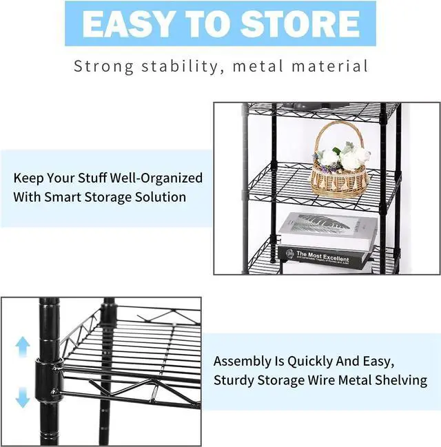 Alt view image 6 of 7 - SUNLPH 5-Tier Wire Shelving Adjustable Shelves Unit Metal Storage Rack for Laundry Bathroom Kitchen Pantry Closet Organization (Black, 16.6" L x 11.4" W x 49.1" H)