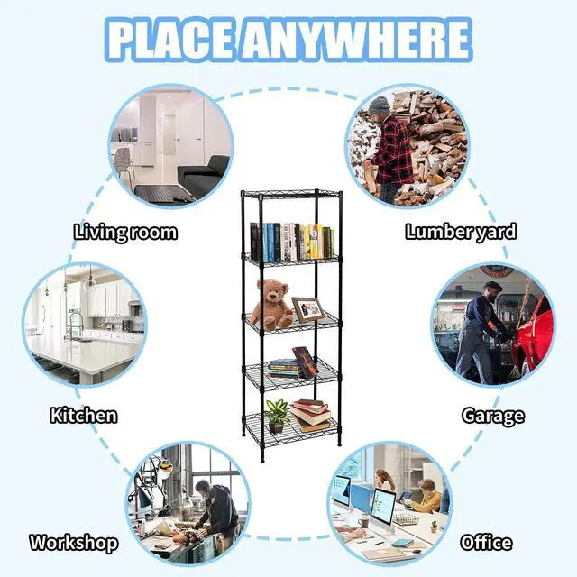 Alt view image 7 of 7 - SUNLPH 5-Tier Wire Shelving Adjustable Shelves Unit Metal Storage Rack for Laundry Bathroom Kitchen Pantry Closet Organization (Black, 16.6" L x 11.4" W x 49.1" H)