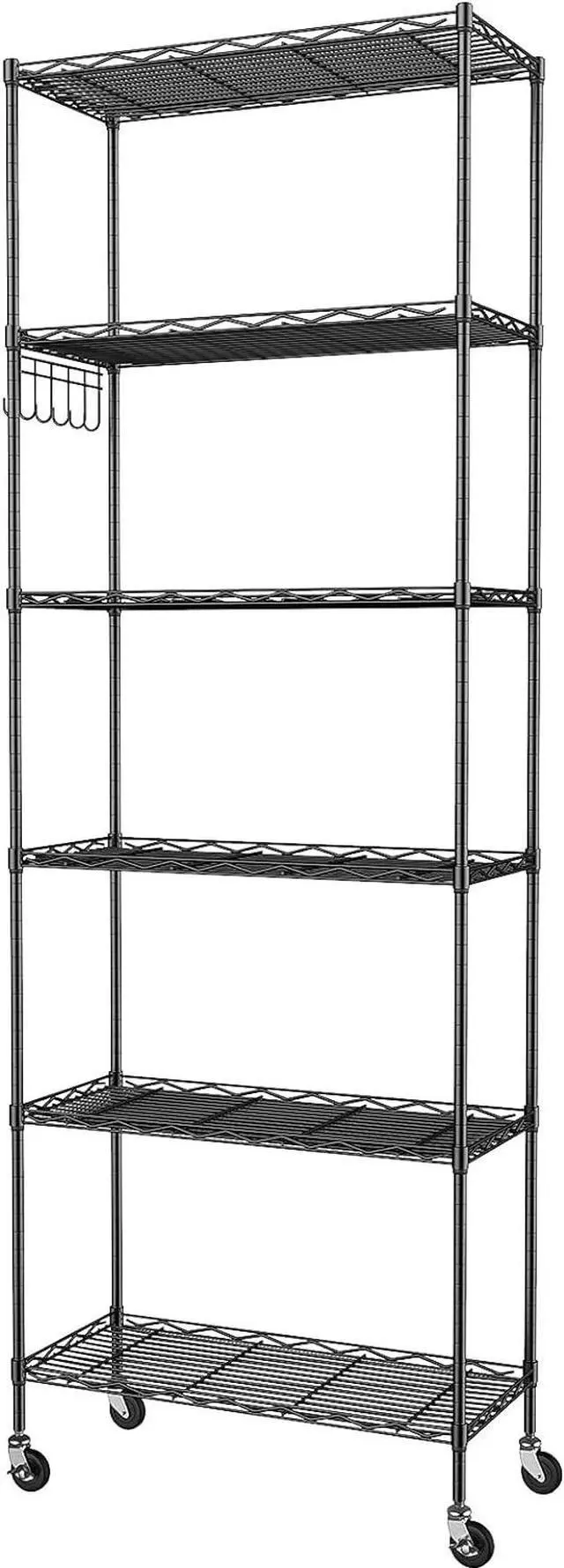 Main image of Homdox 6-Tier Storage Shelf Wire Shelving Unit Free Standing Rack Organization with Caster Wheels, Stainless Side Hooks, Black