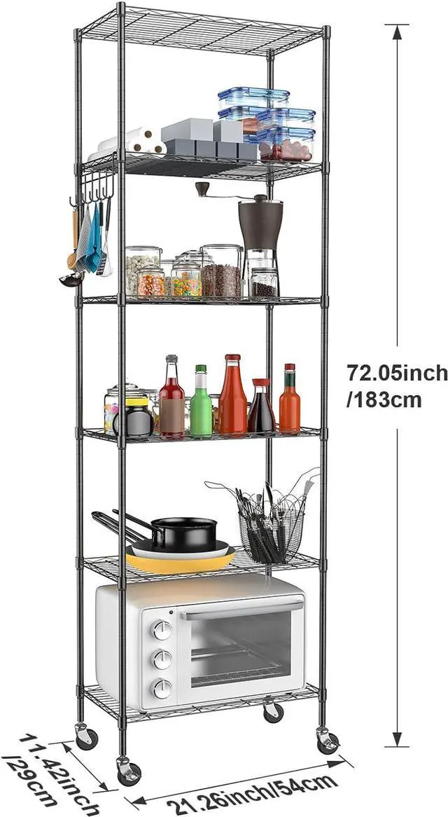 Alt view image 3 of 7 - Homdox 6-Tier Storage Shelf Wire Shelving Unit Free Standing Rack Organization with Caster Wheels, Stainless Side Hooks, Black