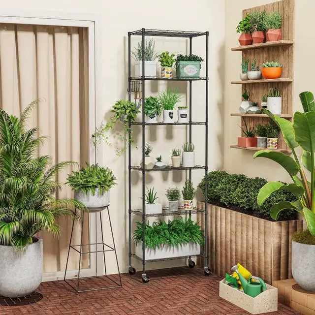 Alt view image 4 of 7 - Homdox 6-Tier Storage Shelf Wire Shelving Unit Free Standing Rack Organization with Caster Wheels, Stainless Side Hooks, Black