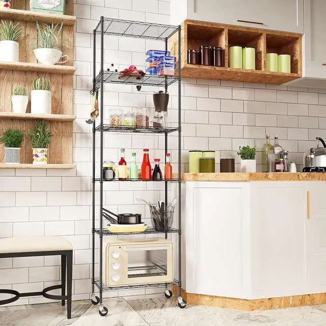 Alt view image 2 of 7 - Homdox 6-Tier Storage Shelf Wire Shelving Unit Free Standing Rack Organization with Caster Wheels, Stainless Side Hooks, Black