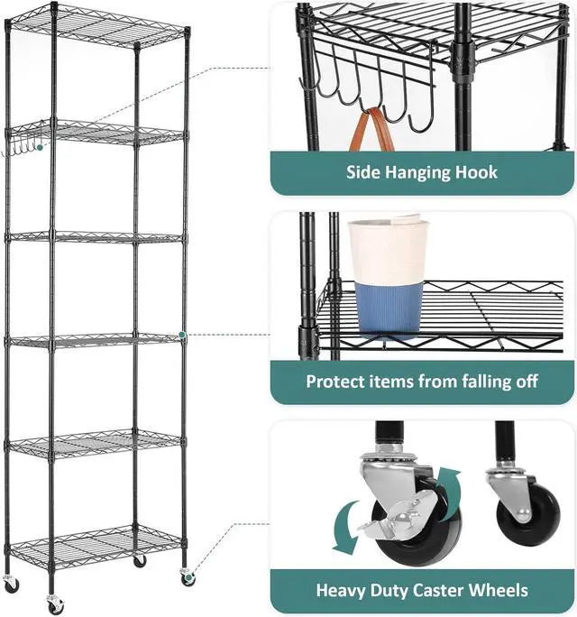 Alt view image 7 of 7 - Homdox 6-Tier Storage Shelf Wire Shelving Unit Free Standing Rack Organization with Caster Wheels, Stainless Side Hooks, Black