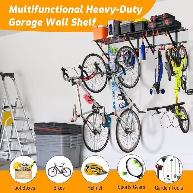 Alt view image 2 of 7 - PLKOW Garage Wall Shelving Includes Bike Hooks, Sturdy Adjustable Garage Shelving Wall Mount Garage/Organizer (Black, 2-Pack)