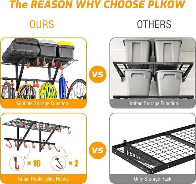Alt view image 3 of 7 - PLKOW Garage Wall Shelving Includes Bike Hooks, Sturdy Adjustable Garage Shelving Wall Mount Garage/Organizer (Black, 2-Pack)