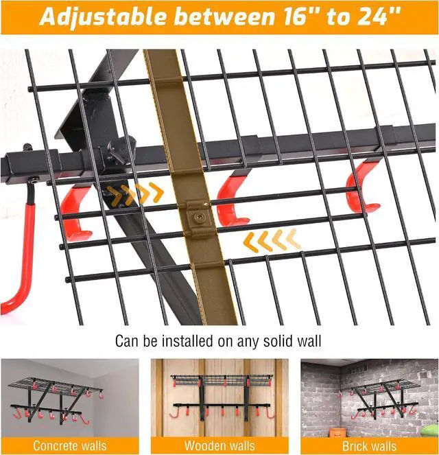 Alt view image 4 of 7 - PLKOW Garage Wall Shelving Includes Bike Hooks, Sturdy Adjustable Garage Shelving Wall Mount Garage/Organizer (Black, 2-Pack)