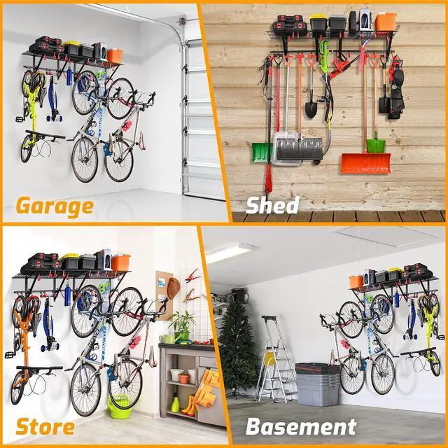 Alt view image 5 of 7 - PLKOW Garage Wall Shelving Includes Bike Hooks, Sturdy Adjustable Garage Shelving Wall Mount Garage/Organizer (Black, 2-Pack)