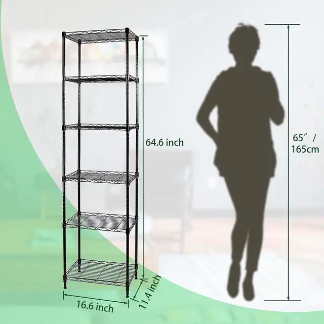 Alt view image 3 of 6 - 6-Wire Shelving Adjustable Shelves, Standing Storage Shelf for Laundry Bathroom Kitchen Pantry Closet Organization (Glossy Black, 16.6" L x 11.4" W x 64.6" H)