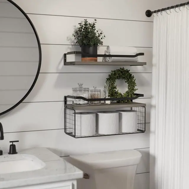 Alt view image 2 of 5 - WOPITUES Bathroom Shelves Over Toilet with Protective Metal Guardrail