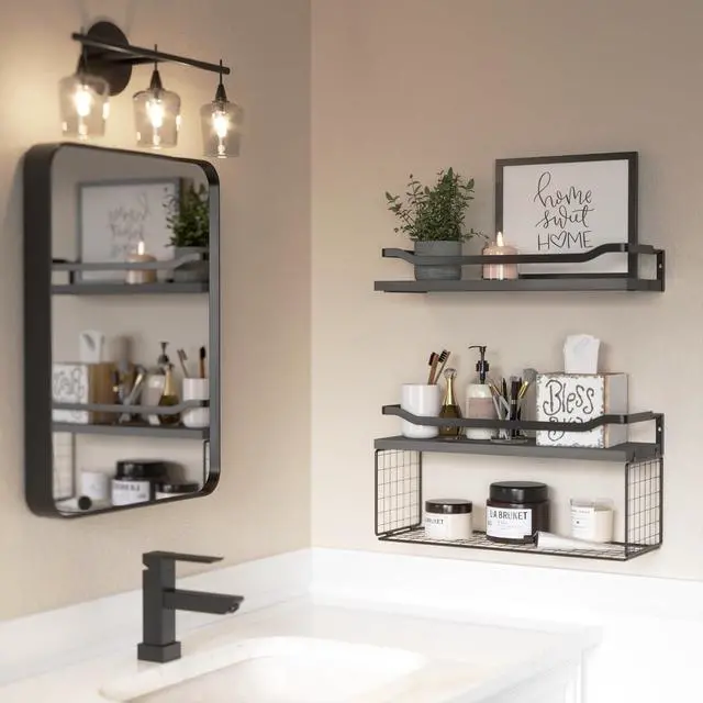 Alt view image 5 of 5 - WOPITUES Bathroom Shelves Over Toilet with Protective Metal Guardrail