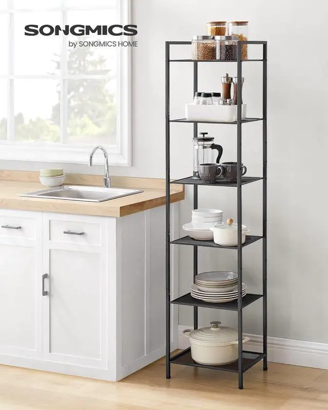 Alt view image 2 of 7 - SONGMICS 6-Tier Storage Rack, Bathroom Shelf, Extendable Plant Stand with Adjustable Shelf, for Bathroom, Living Room, Balcony, Kitchen, Classic Black UBSC036B01