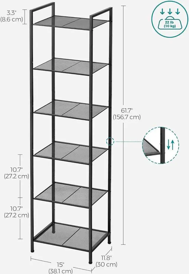 Alt view image 3 of 7 - SONGMICS 6-Tier Storage Rack, Bathroom Shelf, Extendable Plant Stand with Adjustable Shelf, for Bathroom, Living Room, Balcony, Kitchen, Classic Black UBSC036B01