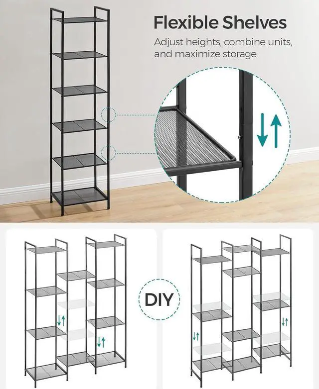 Alt view image 6 of 7 - SONGMICS 6-Tier Storage Rack, Bathroom Shelf, Extendable Plant Stand with Adjustable Shelf, for Bathroom, Living Room, Balcony, Kitchen, Classic Black UBSC036B01
