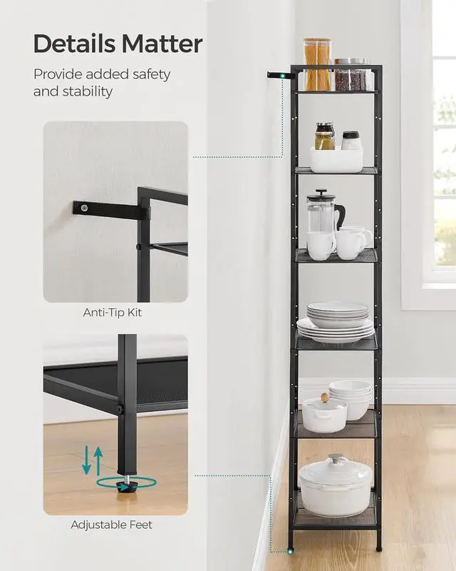 Alt view image 7 of 7 - SONGMICS 6-Tier Storage Rack, Bathroom Shelf, Extendable Plant Stand with Adjustable Shelf, for Bathroom, Living Room, Balcony, Kitchen, Classic Black UBSC036B01
