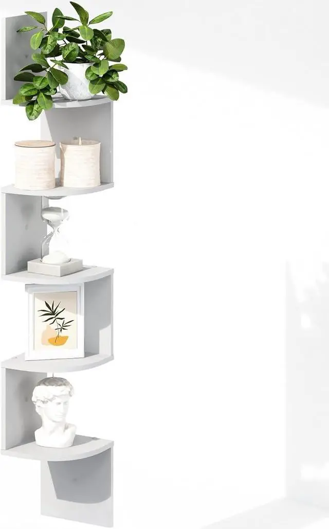 Alt view image 3 of 6 - Furinno Rossi 5-Tier Floating Corner Shelf for Wall, Corner Zigzag Shelf Wall Mounted, Radial Wall Mount Shelves, for Home Office, Living Room, Bedroom, Bathroom, White