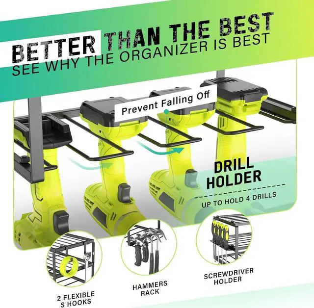 Alt view image 2 of 7 - SUNALLY Power Tool Organizer, Heavy Duty Iron, 3 Layers Storage Rack with 4 Drill Holders, Floating Tool Shelf Wall Mounted, Matte Black, Work Shop, Garage, 150Lbs Load Capacity