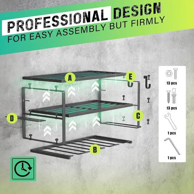 Alt view image 4 of 7 - SUNALLY Power Tool Organizer, Heavy Duty Iron, 3 Layers Storage Rack with 4 Drill Holders, Floating Tool Shelf Wall Mounted, Matte Black, Work Shop, Garage, 150Lbs Load Capacity