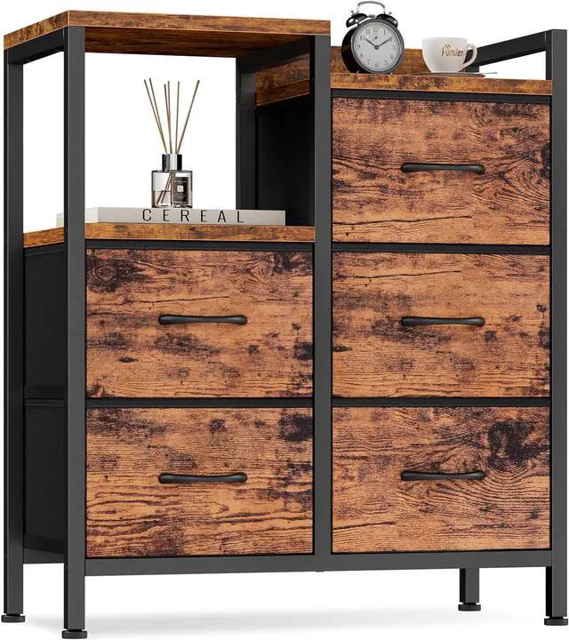 Main image of Furnulem 5 Drawer Rustic Brown Dressers for Bedroom 2 Tier Shelf Storage Small Fabric Dresser for Closet Sturdy Metal Frame Modern Style Storage Cabinets Organization Units for Hallway Rooms