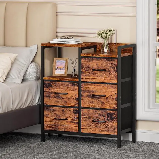 Alt view image 2 of 7 - Furnulem 5 Drawer Rustic Brown Dressers for Bedroom 2 Tier Shelf Storage Small Fabric Dresser for Closet Sturdy Metal Frame Modern Style Storage Cabinets Organization Units for Hallway Rooms