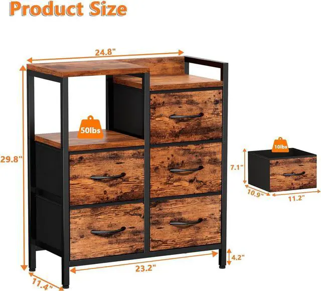 Alt view image 3 of 7 - Furnulem 5 Drawer Rustic Brown Dressers for Bedroom 2 Tier Shelf Storage Small Fabric Dresser for Closet Sturdy Metal Frame Modern Style Storage Cabinets Organization Units for Hallway Rooms