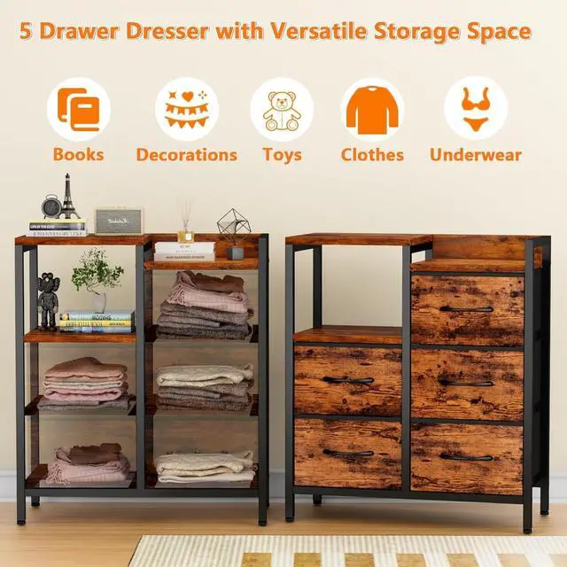 Alt view image 4 of 7 - Furnulem 5 Drawer Rustic Brown Dressers for Bedroom 2 Tier Shelf Storage Small Fabric Dresser for Closet Sturdy Metal Frame Modern Style Storage Cabinets Organization Units for Hallway Rooms