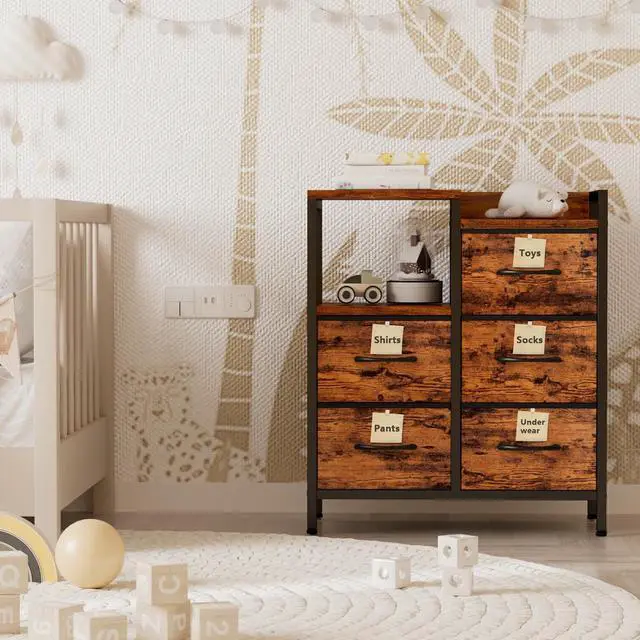 Alt view image 5 of 7 - Furnulem 5 Drawer Rustic Brown Dressers for Bedroom 2 Tier Shelf Storage Small Fabric Dresser for Closet Sturdy Metal Frame Modern Style Storage Cabinets Organization Units for Hallway Rooms
