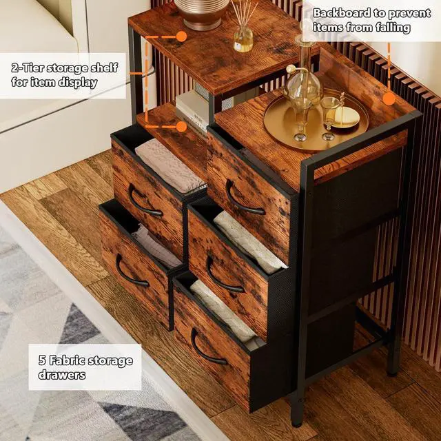 Alt view image 6 of 7 - Furnulem 5 Drawer Rustic Brown Dressers for Bedroom 2 Tier Shelf Storage Small Fabric Dresser for Closet Sturdy Metal Frame Modern Style Storage Cabinets Organization Units for Hallway Rooms