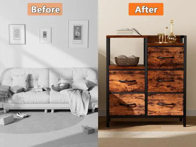 Alt view image 7 of 7 - Furnulem 5 Drawer Rustic Brown Dressers for Bedroom 2 Tier Shelf Storage Small Fabric Dresser for Closet Sturdy Metal Frame Modern Style Storage Cabinets Organization Units for Hallway Rooms