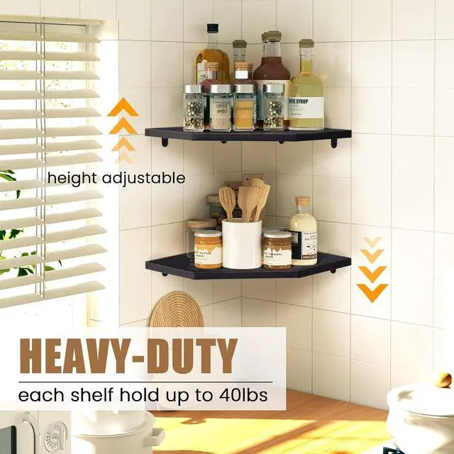 Alt view image 3 of 7 - Fun Memories Corner Shelf Wall Mount, Floating Corner Shelves, Set of 4 Corner Wall Shelf Organizer, Rustic Wood Wall Storage Display Shelves for Living Room Bedroom Bathroom Kitchen, Classic Black