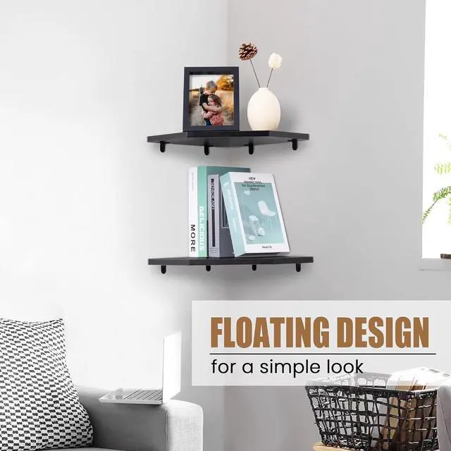 Alt view image 7 of 7 - Fun Memories Corner Shelf Wall Mount, Floating Corner Shelves, Set of 4 Corner Wall Shelf Organizer, Rustic Wood Wall Storage Display Shelves for Living Room Bedroom Bathroom Kitchen, Classic Black