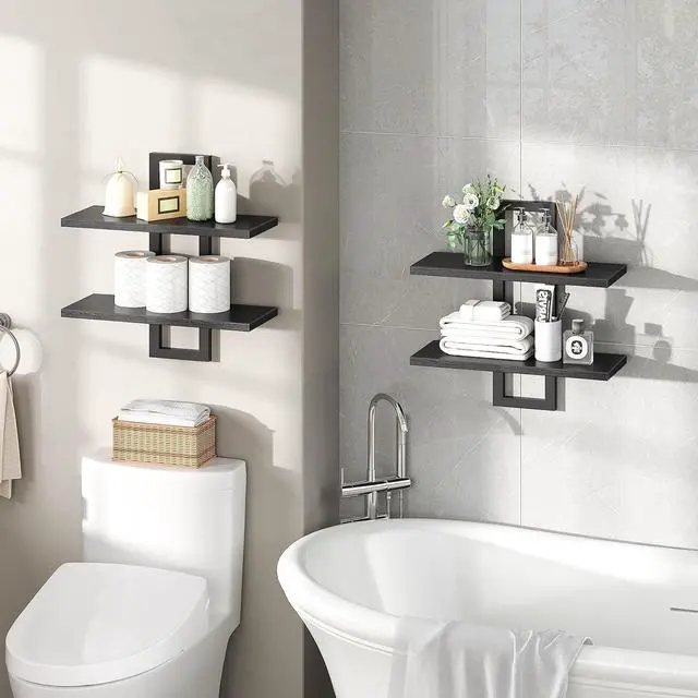 Alt view image 4 of 7 - HOOBRO Floating Shelves, 15 Inch Wall Shelf Set of 2, Wall Mounted Storage Shelves 2-Tier, Hanging Bathroom Shelves, for Living Room, Bedroom, Bathroom, Kitchen, Black BK32BJ01